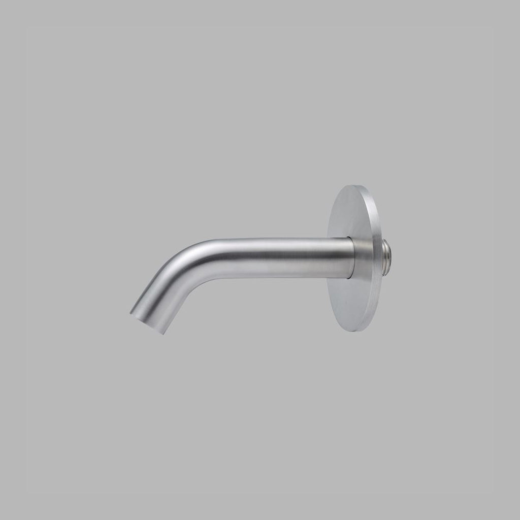 Satin stainless steel d line Qtoo wall-mounted tap spout, a slim curved spout on a round wall rose.