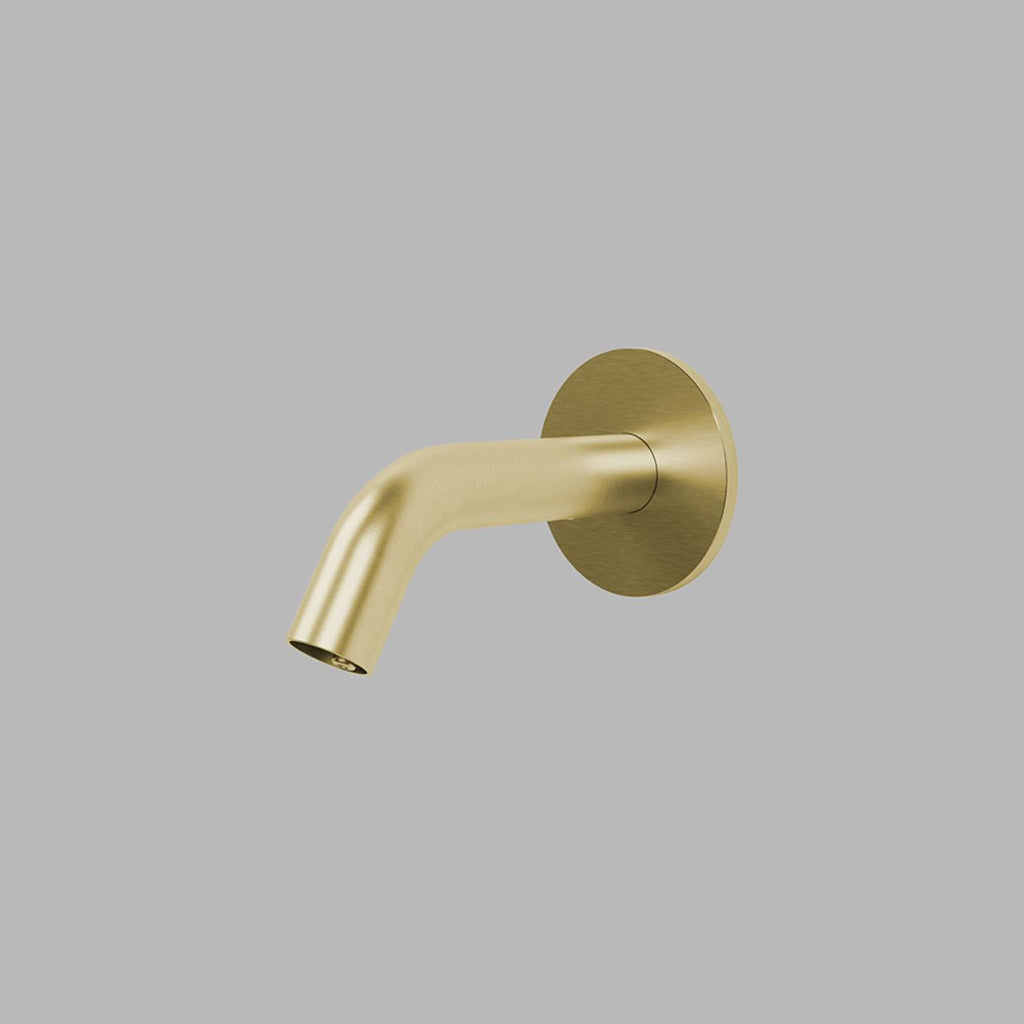 PVD satin brass d line Qtoo wall-mounted touchless soap dispenser spout.
