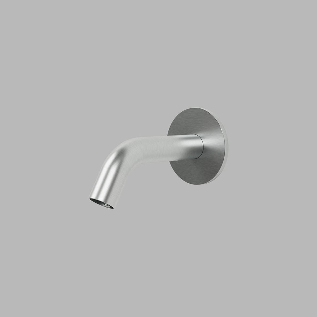 Satin stainless steel d line Qtoo wall-mounted touchless soap dispenser spout.