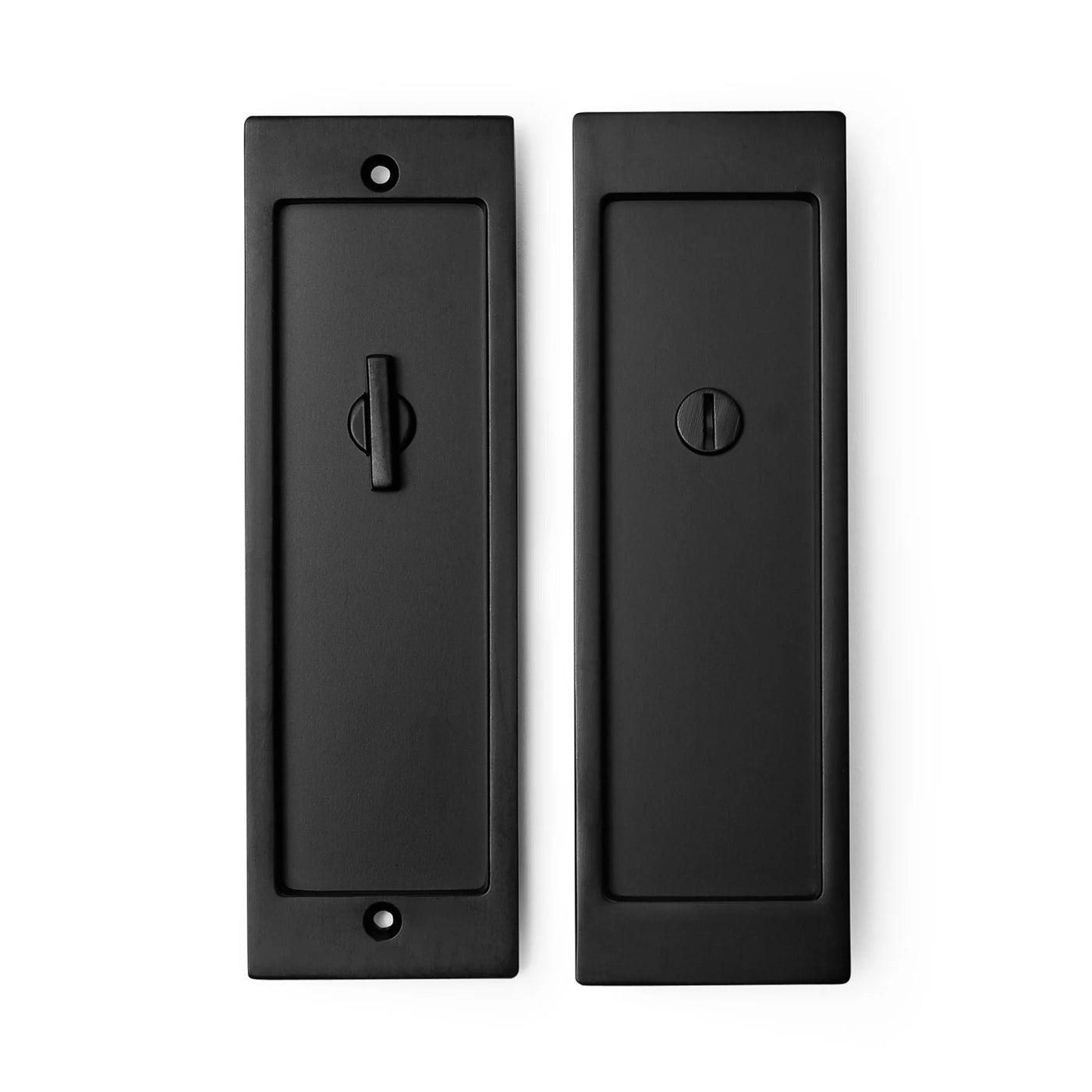 A pair of AHI Explore Pocket Door Set Privacy black handles on a white background.