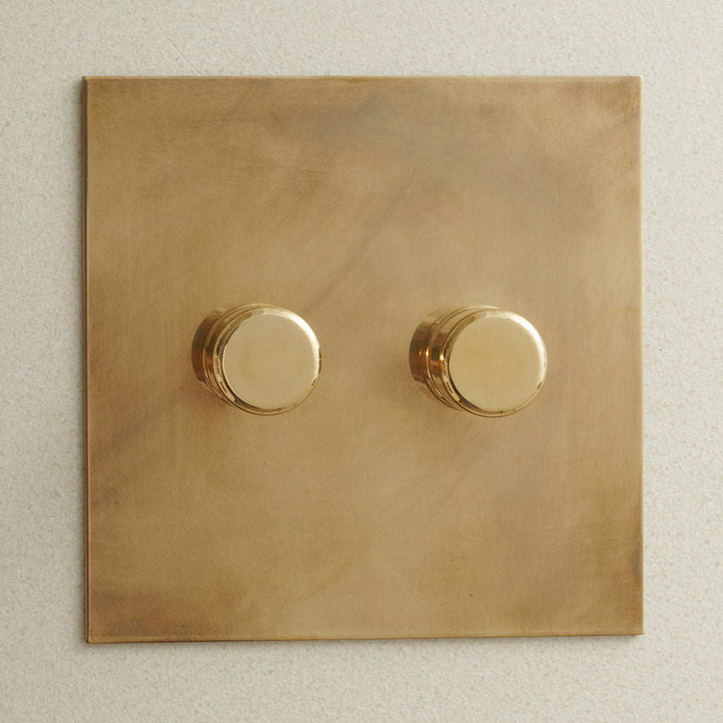 Forbes & Lomax two gang rotary dimmer plate, angled view.