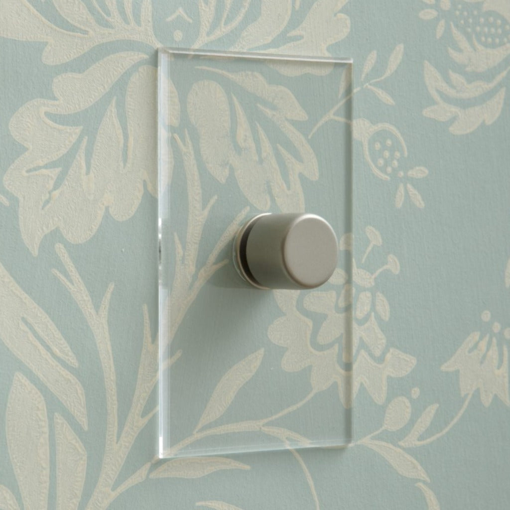 Forbes & Lomax invisible plate rotary dimmer against patterned wallpaper.