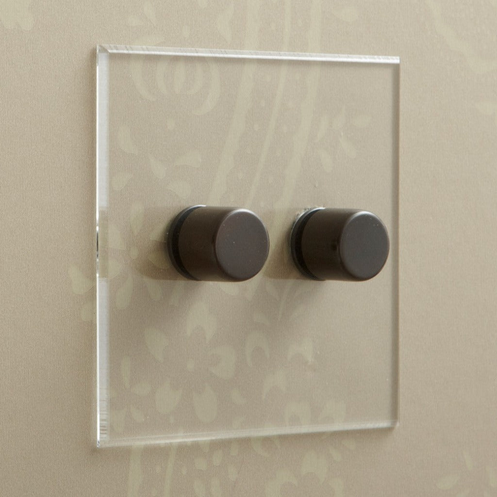 Forbes & Lomax invisible plate with two rotary dimmers on wallpaper.