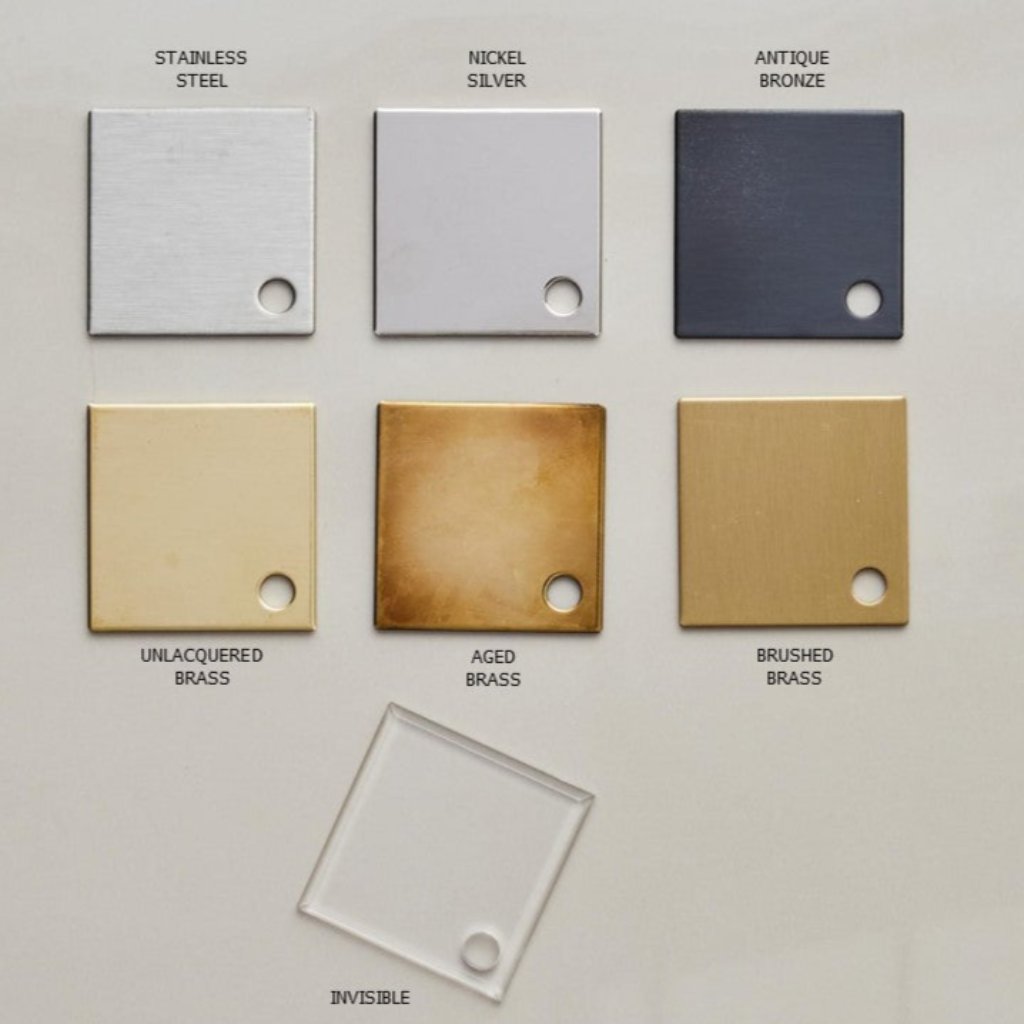 Finish chart for Forbes & Lomax showing stainless steel, nickel silver, antique bronze, unlacquered brass, aged brass, brushed brass and invisible.