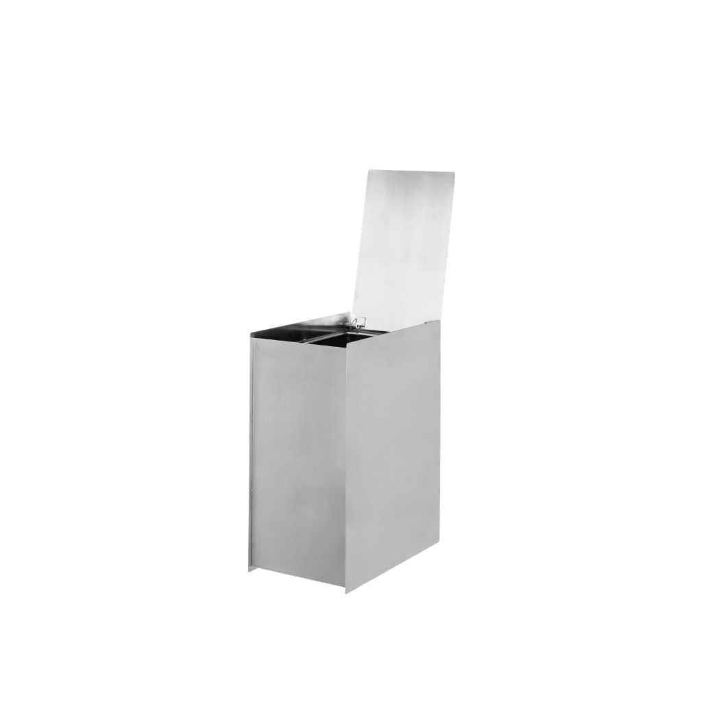 Ferm Living Sama Bin in brushed stainless steel with a tall, sculptural rectangular shape and an open lid.