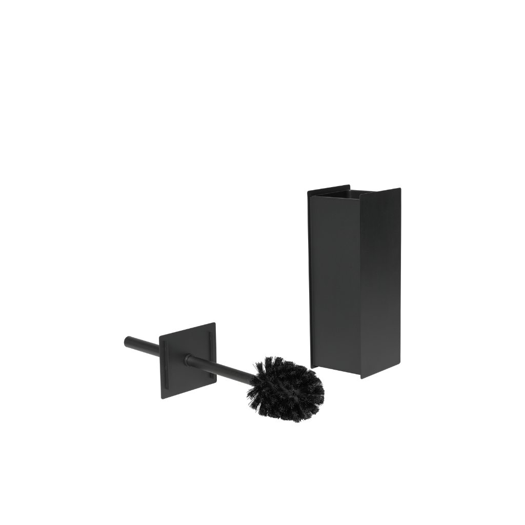 Ferm Living Sama toilet brush in matte black stainless steel with a minimalist cylindrical holder and matching brush.