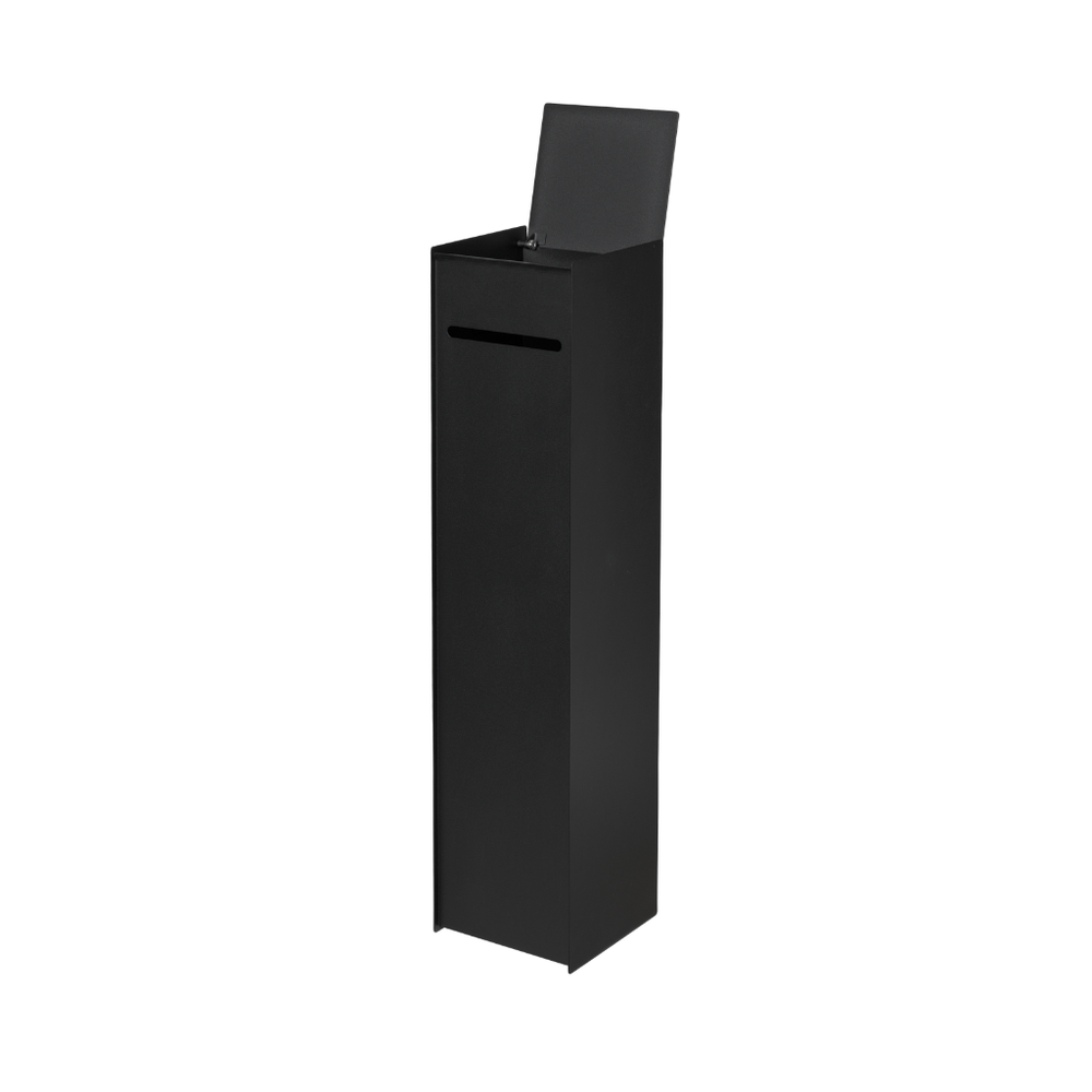 Tall black stainless steel Sama toilet paper dispenser with a geometric design and hinged lid on a white background.