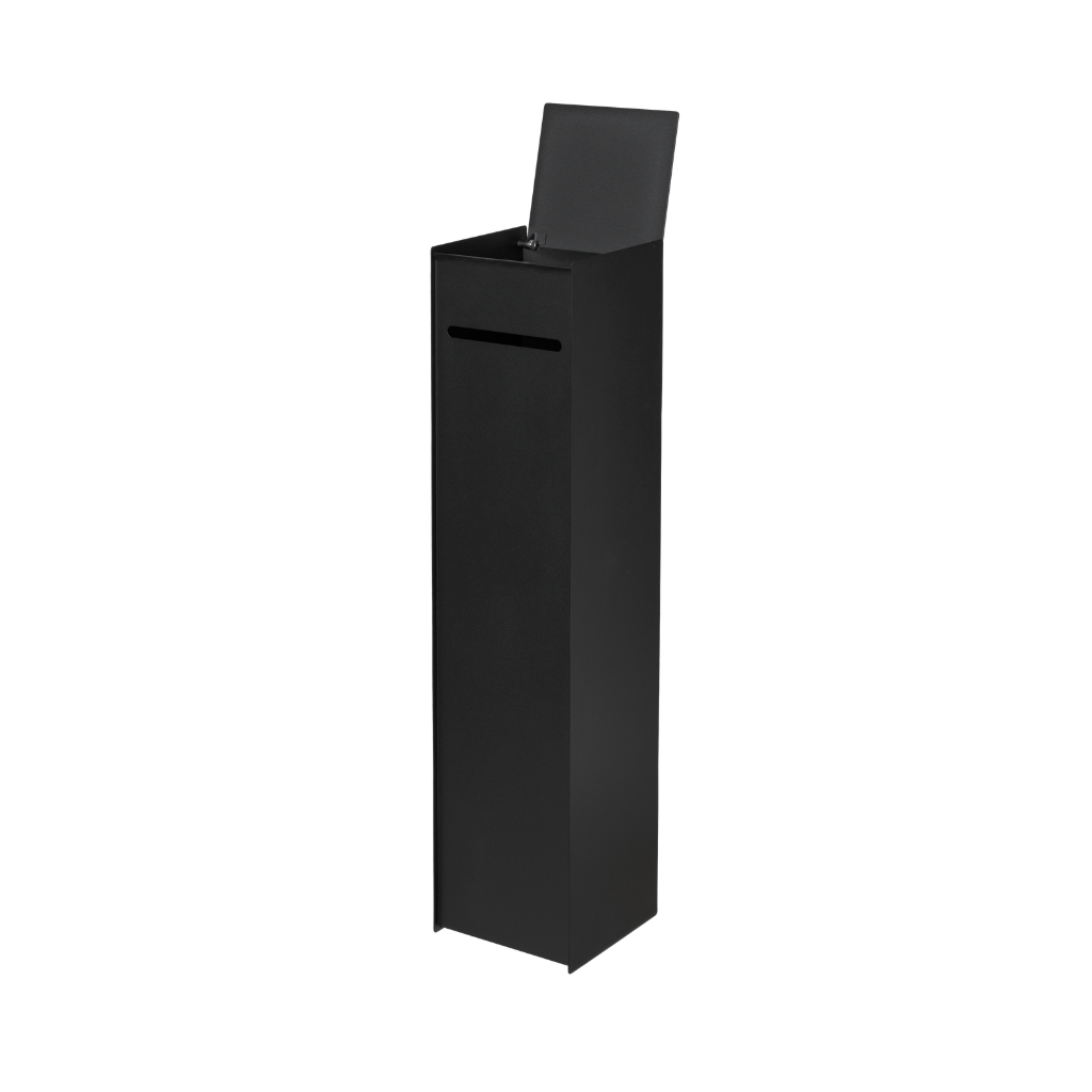 Tall black stainless steel Sama toilet paper dispenser with a geometric design and hinged lid on a white background.