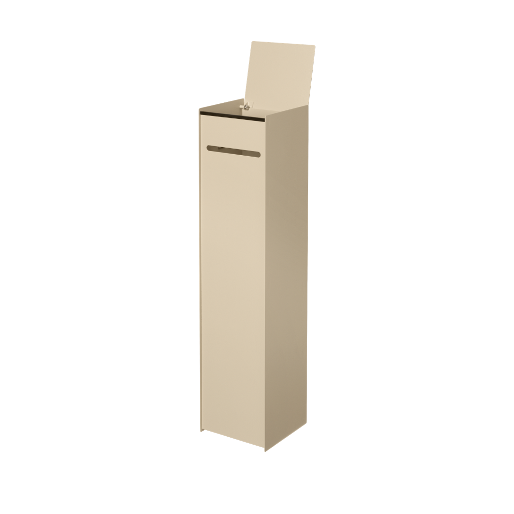Tall, geometric Sama toilet paper dispenser in cashmere finish with a hinged lid for storing spare rolls.