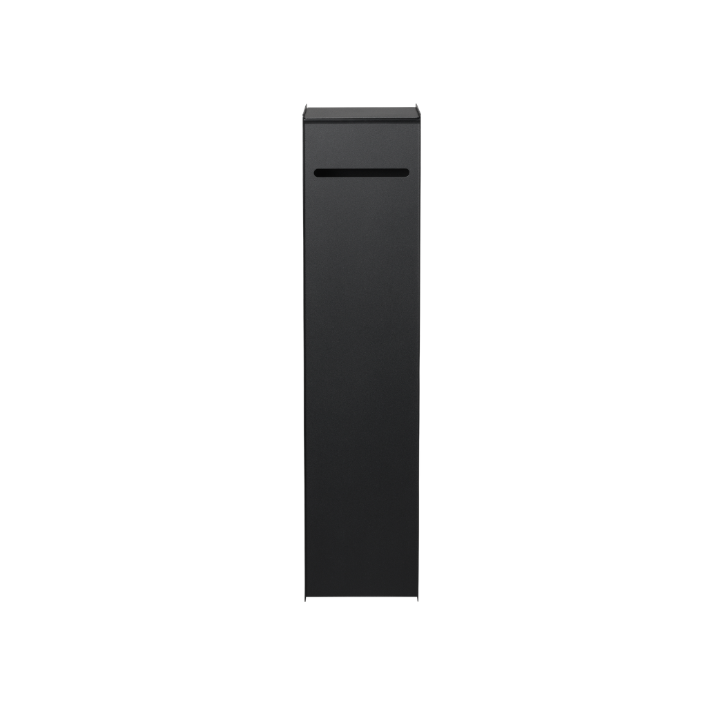 Tall, black Sama toilet paper dispenser by Ferm Living with a minimalist, geometric design in brushed stainless steel.