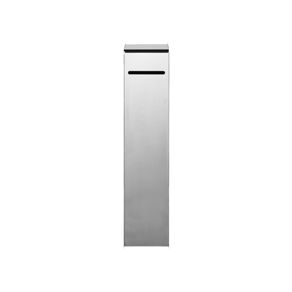Tall, brushed stainless steel Sama toilet paper dispenser with a minimalist geometric design on a white background.