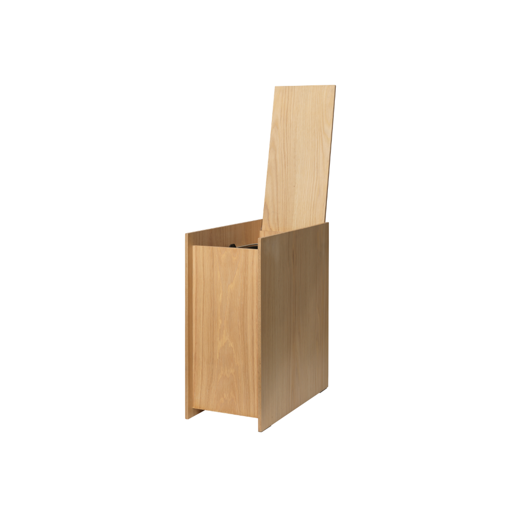 Modern Sama wooden bin in light oak veneer with a geometric design and an open lid, isolated on a white background.