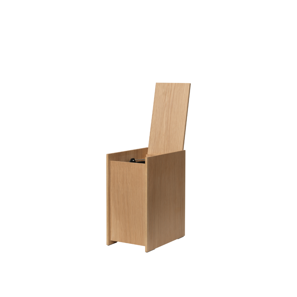 Modern Sama wooden bin in light oak veneer with a geometric design and an open lid, isolated on a white background.