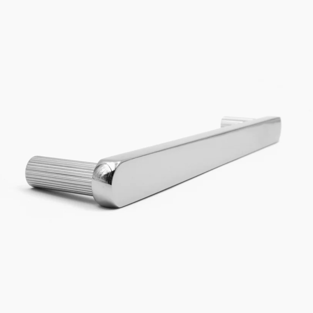 Ribbed appliance pull in polished nickel.