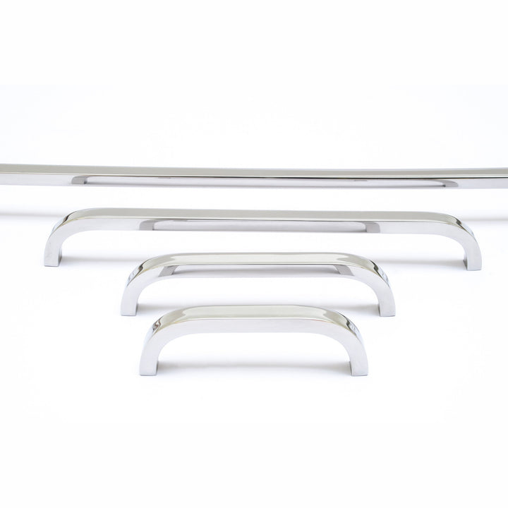 A set of three Baccman Berglund Slim Pull chrome door handles on a white background.