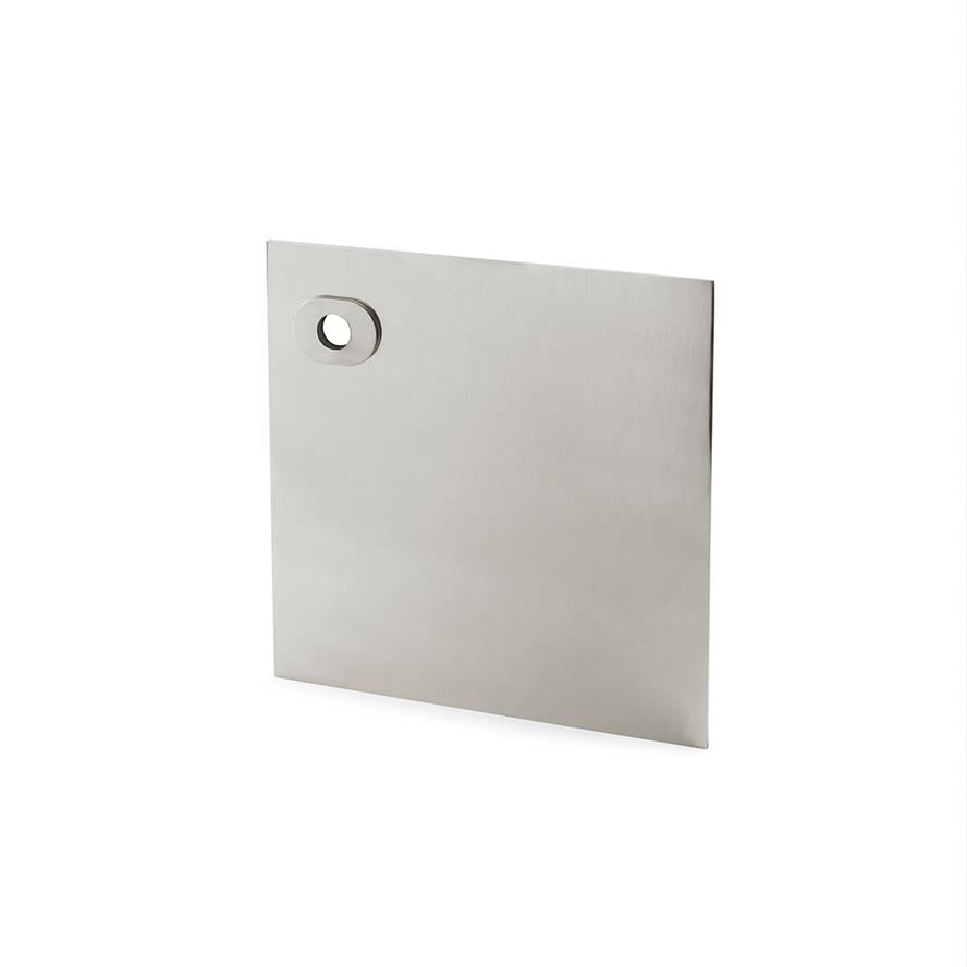 A square metal plate with a hole in the middle, featuring the Stardust Smooth Lever Handle on Rose from Maison Vervloet.
