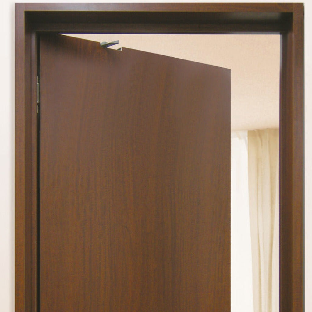 A close up of a Sugatsune wooden door with a window in the background.