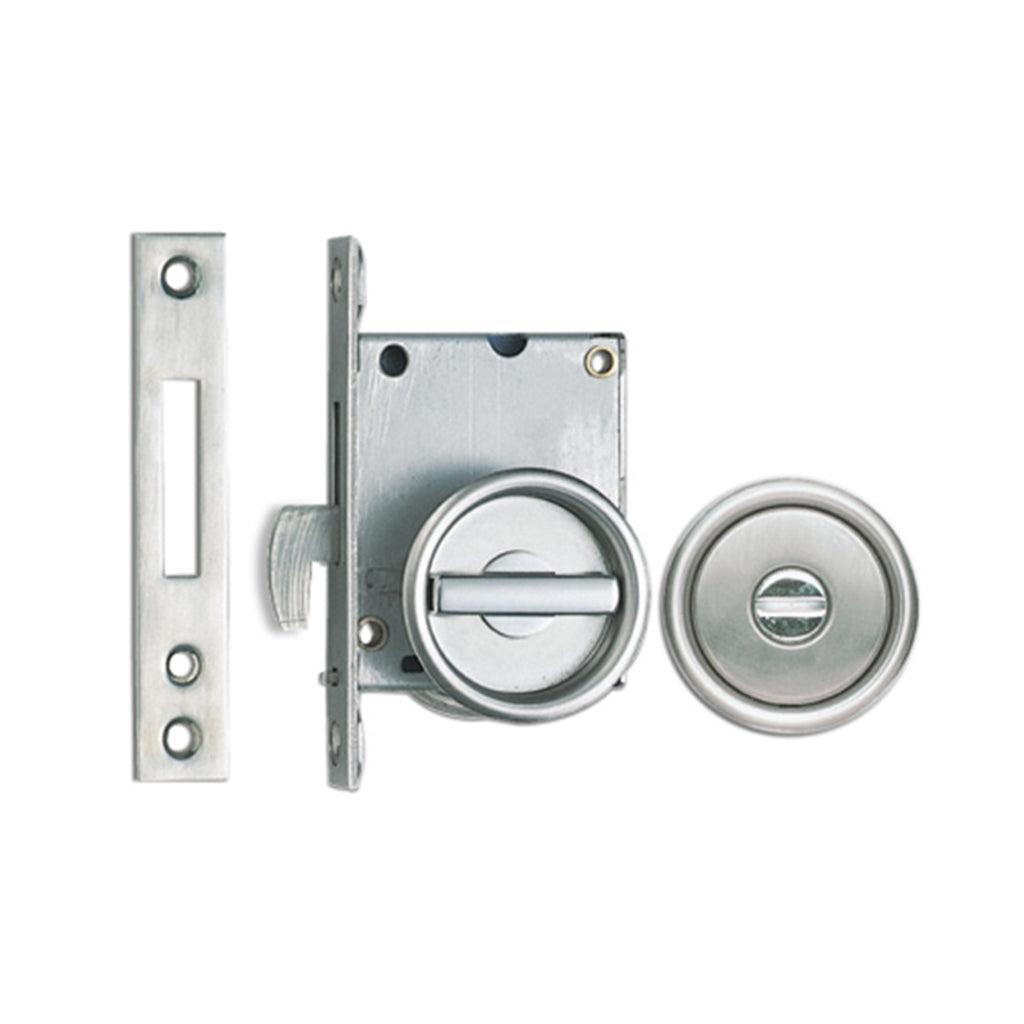 Sliding door latch in satin stainless steel