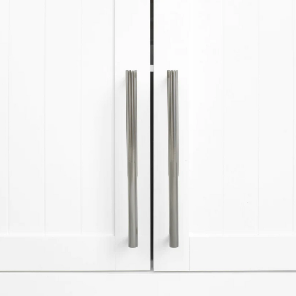 Sunburst cabinet pull in satin nickel.