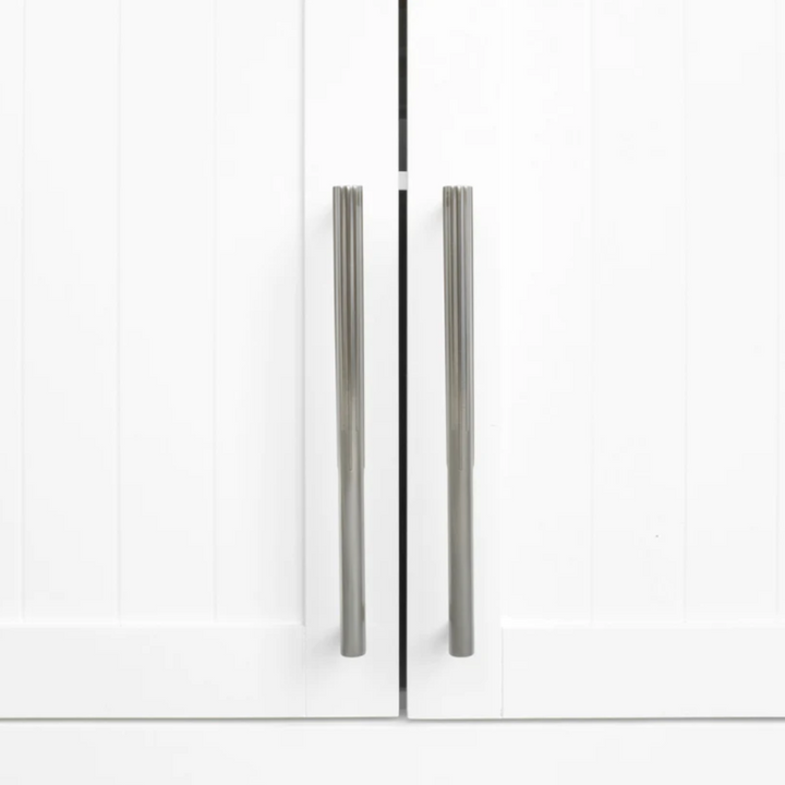 Sunburst cabinet pull in satin nickel.