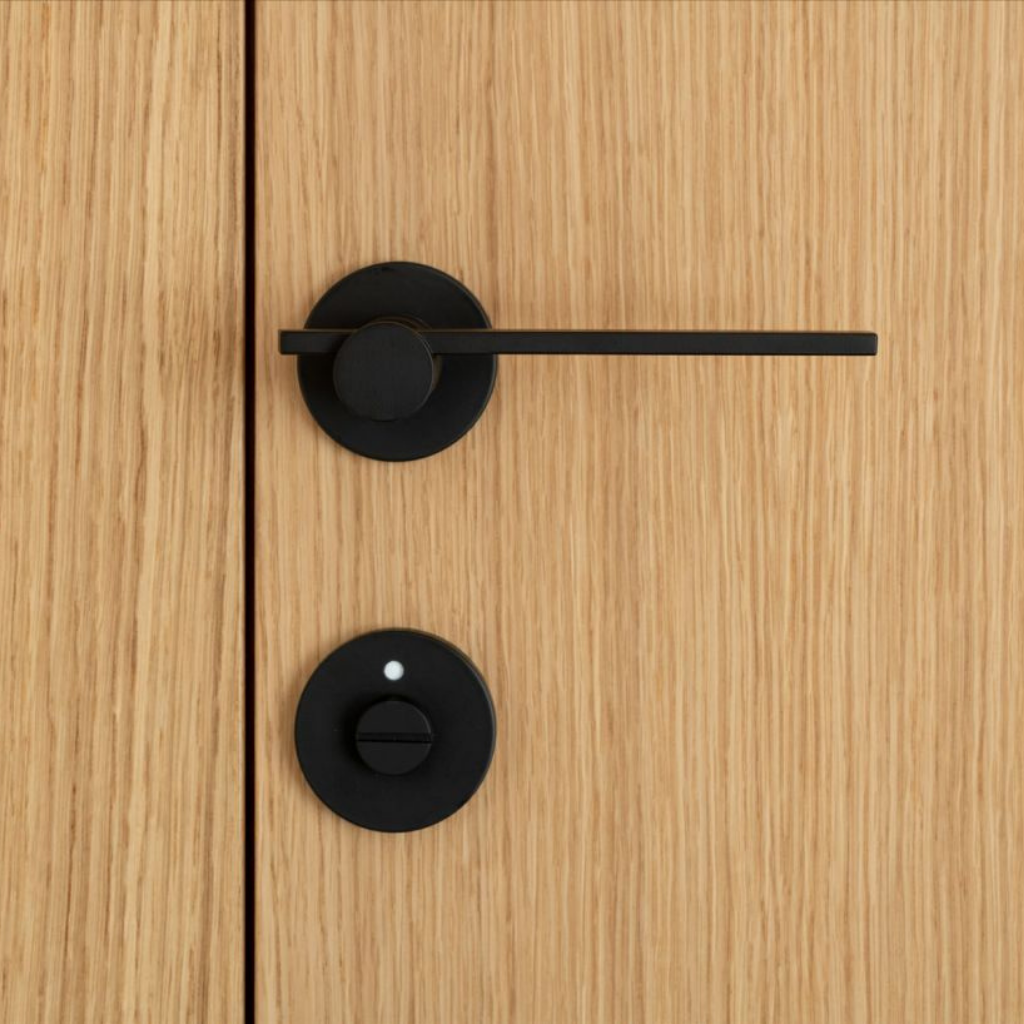 A close up of a Formani TENSE BB100G Door Lever on a wooden door.