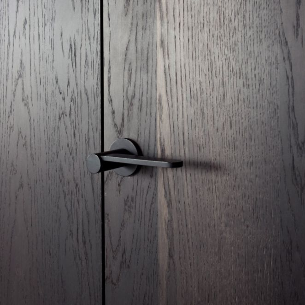 A close-up of a Formani TENSE BB102G Door Lever on a wooden door.