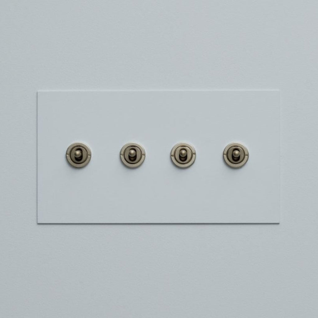 Pale blue Forbes & Lomax painted switch plate with four toggle switches.