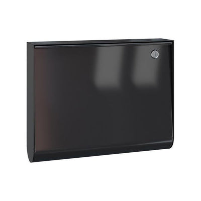a Serafini black wall mounted U-Box Mailbox cabinet on a white background.