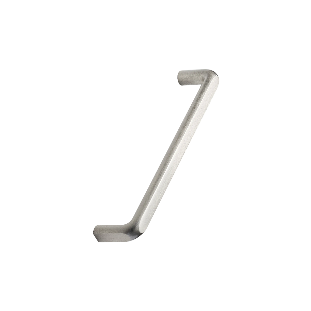 Inox look Furnipart Unify cabinet handle, a slim flat bar pull, 160 mm centre distance.