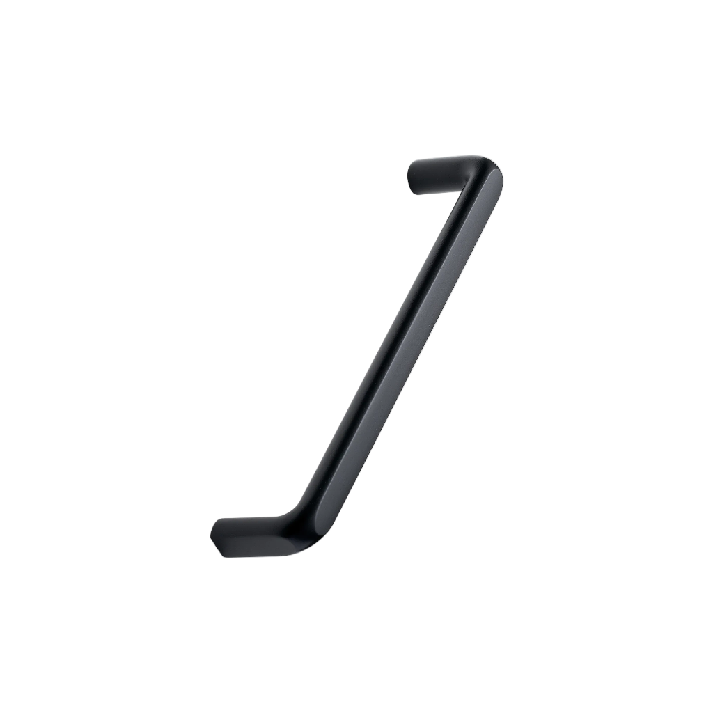 Matte black Furnipart Unify cabinet handle, a slim flat bar pull, 160 mm centre distance.