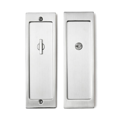 A pair of AHI Explore Pocket Door Set Privacy metal switch plates on a white background.