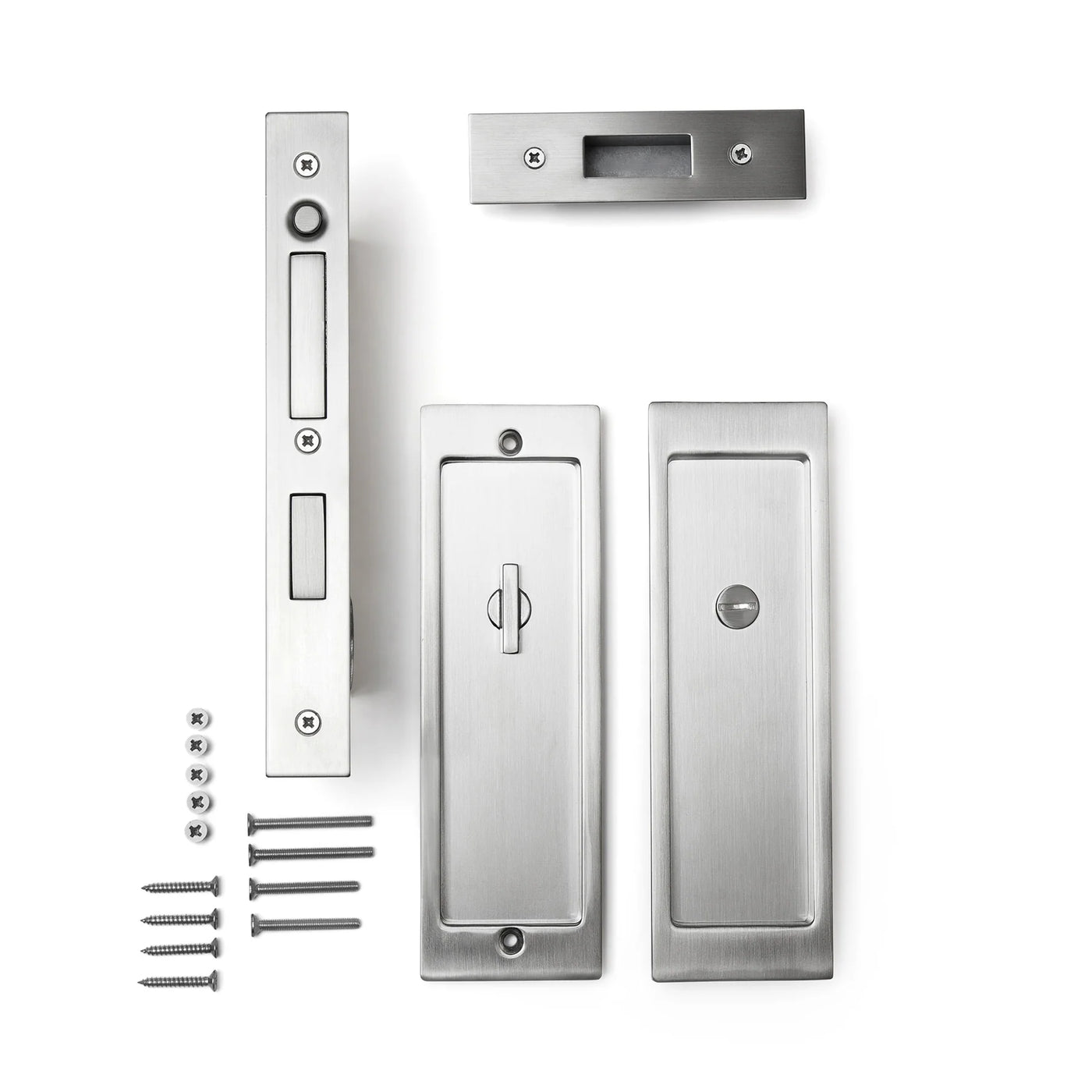 An AHI Explore Pocket Door Set Privacy and screws on a white background.