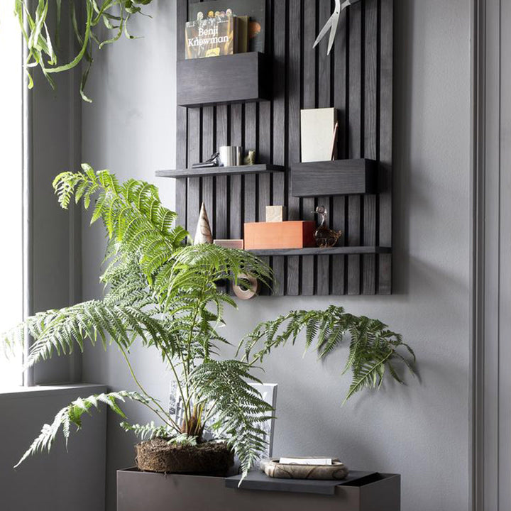 Blackened wood shelving unit