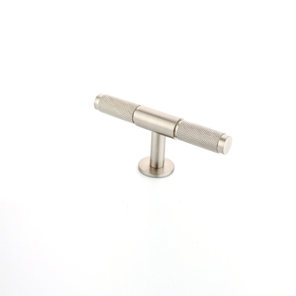 Wraith Knurled T-Bar Pull made from solid brass and finished in matte black, satin brass and satin silver