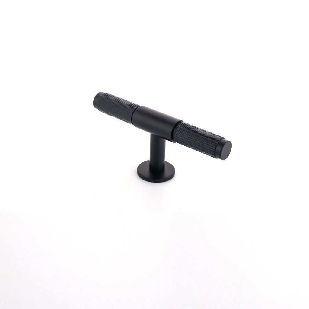 Wraith Knurled T-Bar Pull made from solid brass and finished in matte black, satin brass and satin silver