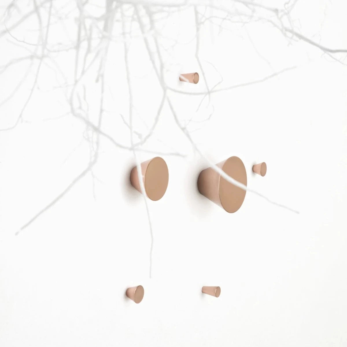 Vervloet Audrey knobs used as wall hooks in a white room with branches.