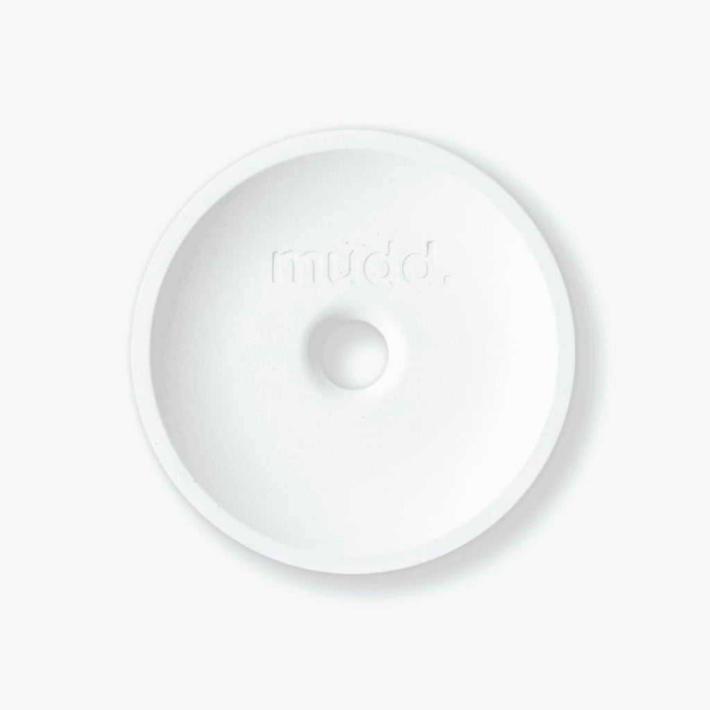 A white plate with the word "mudd. concrete" on it.