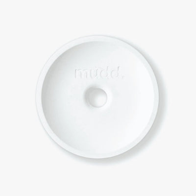 A white plate with the word "mudd. concrete" on it.