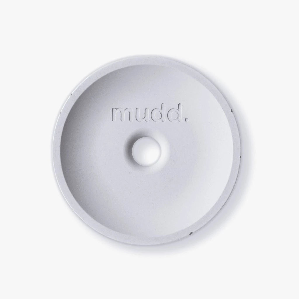 A white bowl with the word mudd. concrete on it.