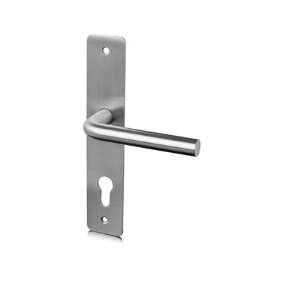 Knud L Lever in satin stainless steel on backplate with keyhole
